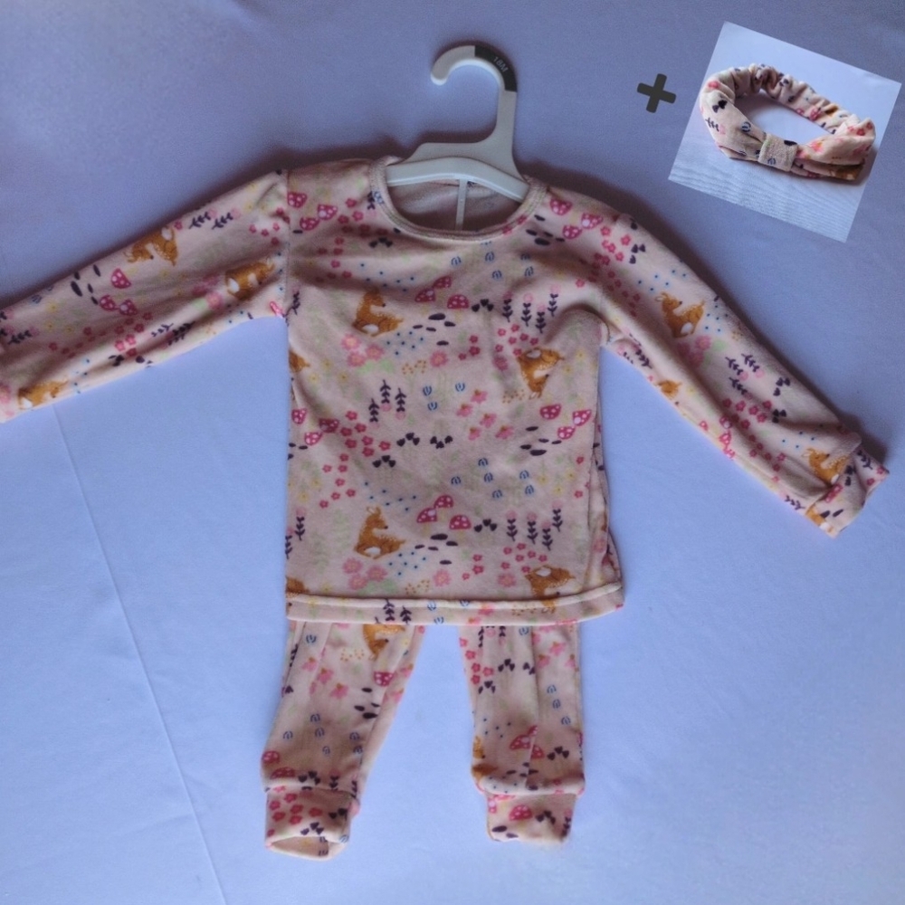 Deer, Mushroom and Flowers Print Super Soft Velour 3pc Matching Set and Headband